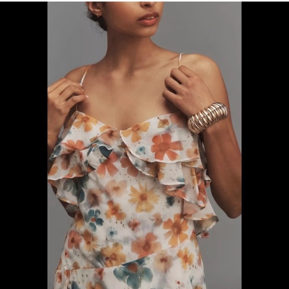 ANTHROPOLOGIE ASYMMETRICAL HEM FLORAL WATER COLOR SPAGHETTI STRAP DRESS XS - Picture 2 of 16